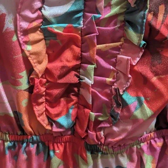 Vince Camuto Womens Floral Ruffle V-Neck Tiered Midi Dress Pink Orange Size 16 - Picture 7 of 8